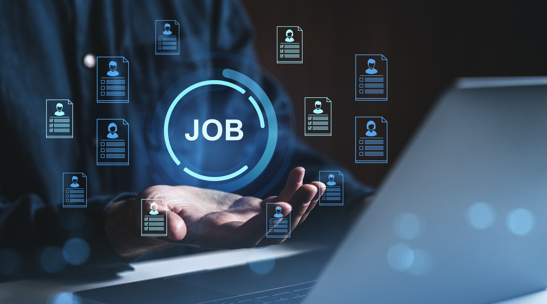 Job search and recruitment technology concept with digital resumes and candidate data.