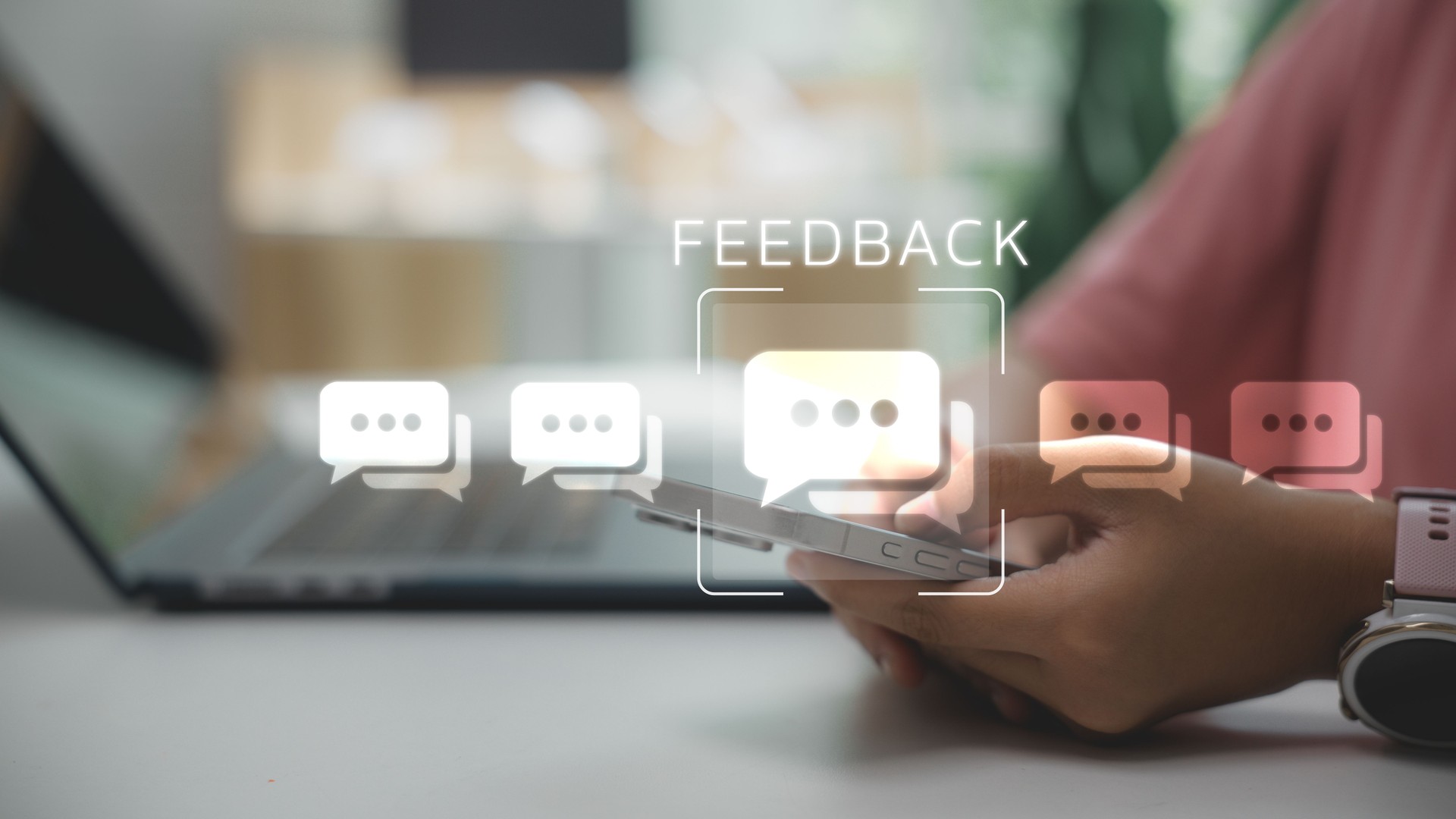 User giving feedback via smartphone with chat bubble interface. Concept of customer review, user experience, online communication, survey response, and digital engagement system.